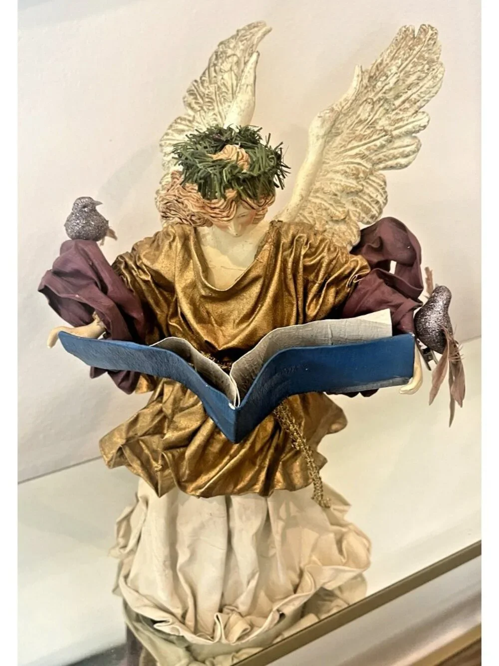 Vtg Christmas Angel Tree Topper Resin Florentine Fabric Mache Bird Book Victoria